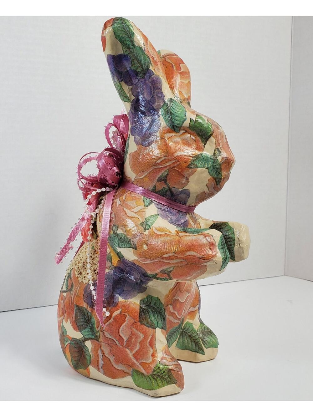 Decoupage Floral Paper Mache Bunny 10.5" Easter Decor Lace Pearl Ribbon